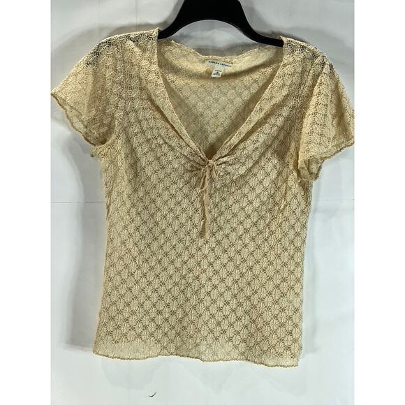 BANANA REPUBLIC Women's Tan Lace Stretch V-Neck Short Sleeve Top SZ M - Picture 1 of 9